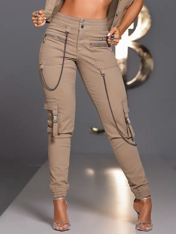 Calça Jogger Cargo Feminina Pit Bull Jeans Bege