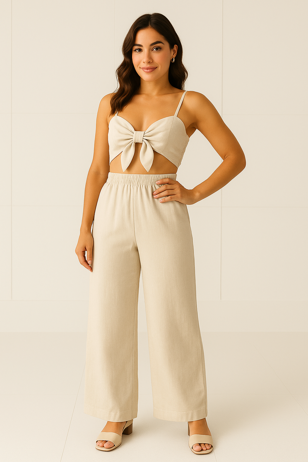 Conjunto Feminino com Cropped Laço e Calça Pantalona
