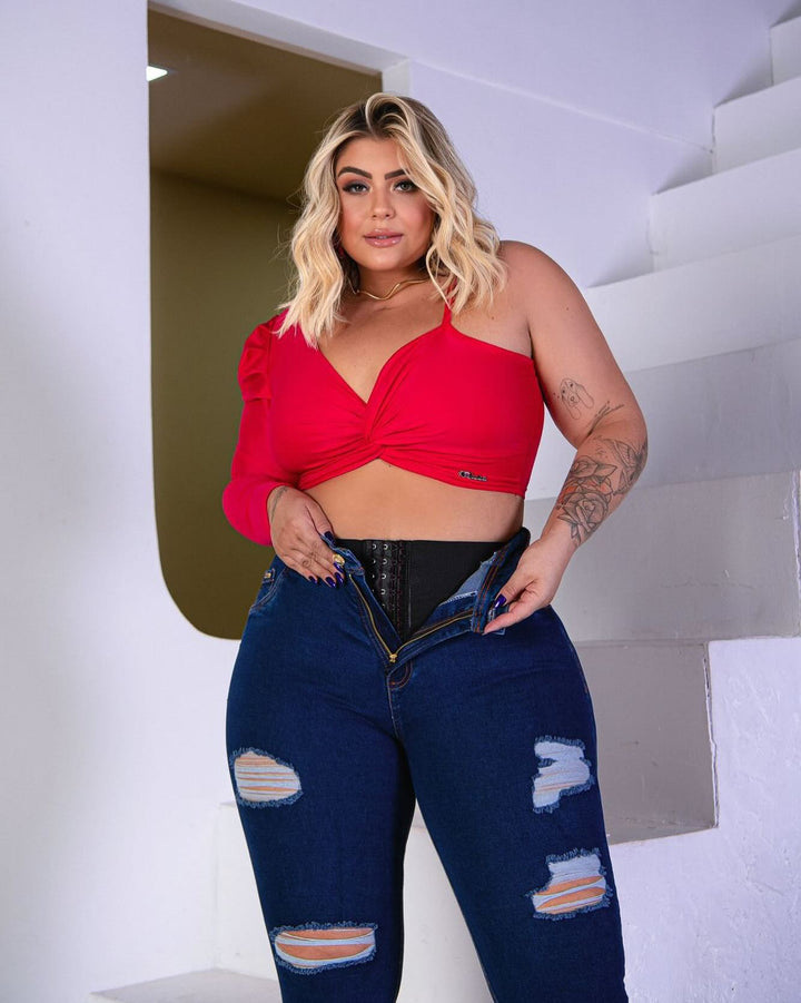 Cropped Assimétrico Manga Única Plus Size Fofofinha