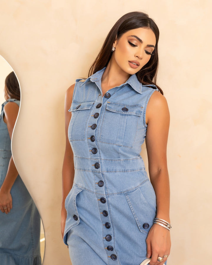 Vestido Longo Jeans KLEPTON Sem Mangas com Botões