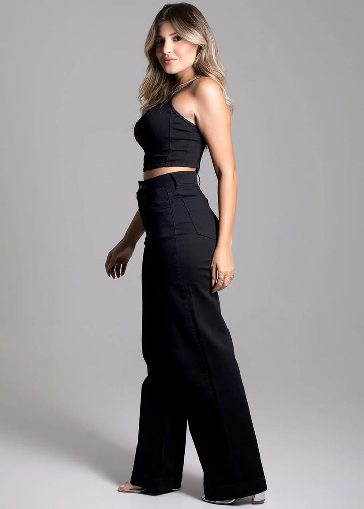 Calça de Sarja Wide Leg Black Luxe Leon