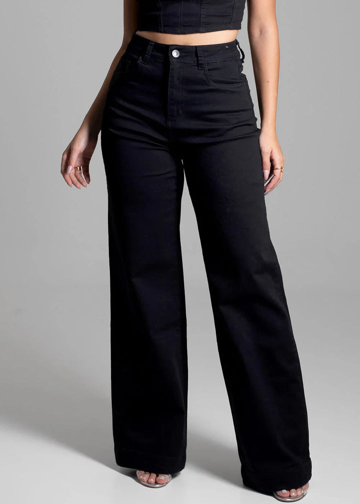 Calça de Sarja Wide Leg Black Luxe Leon