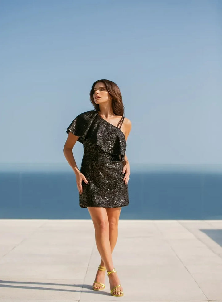 Vestido Tufi Duek Paetê Ombro Único