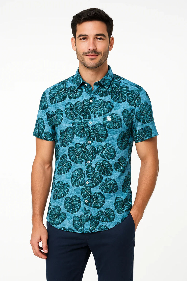 Camisa Slim Fit Estampada Folhagem Azul