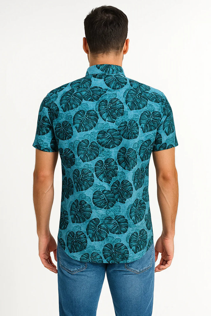 Camisa Slim Fit Estampada Folhagem Azul