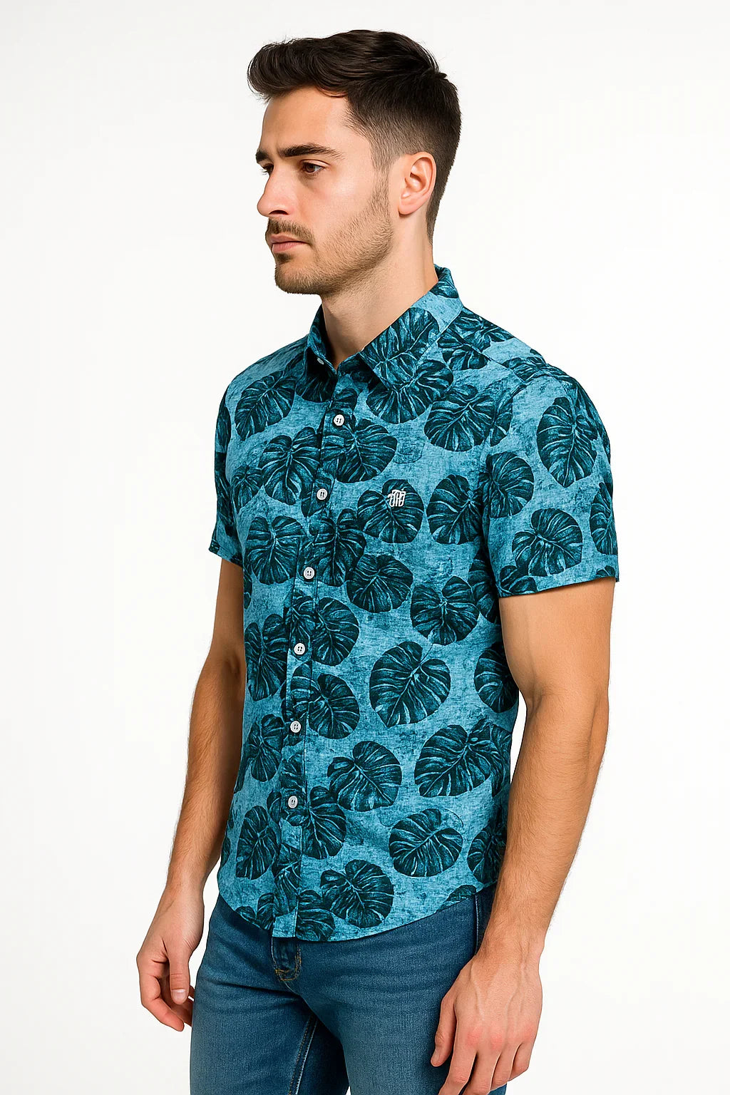Camisa Slim Fit Estampada Folhagem Azul