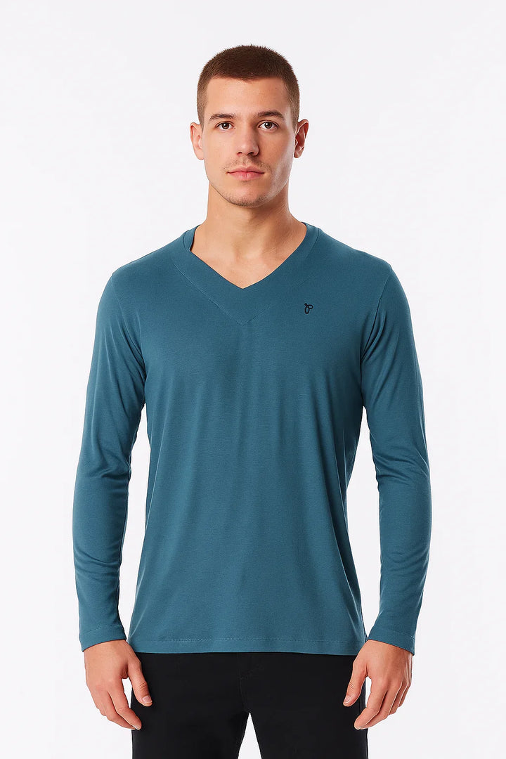 Camiseta Manga Longa Gola V Azul Petróleo Masculina