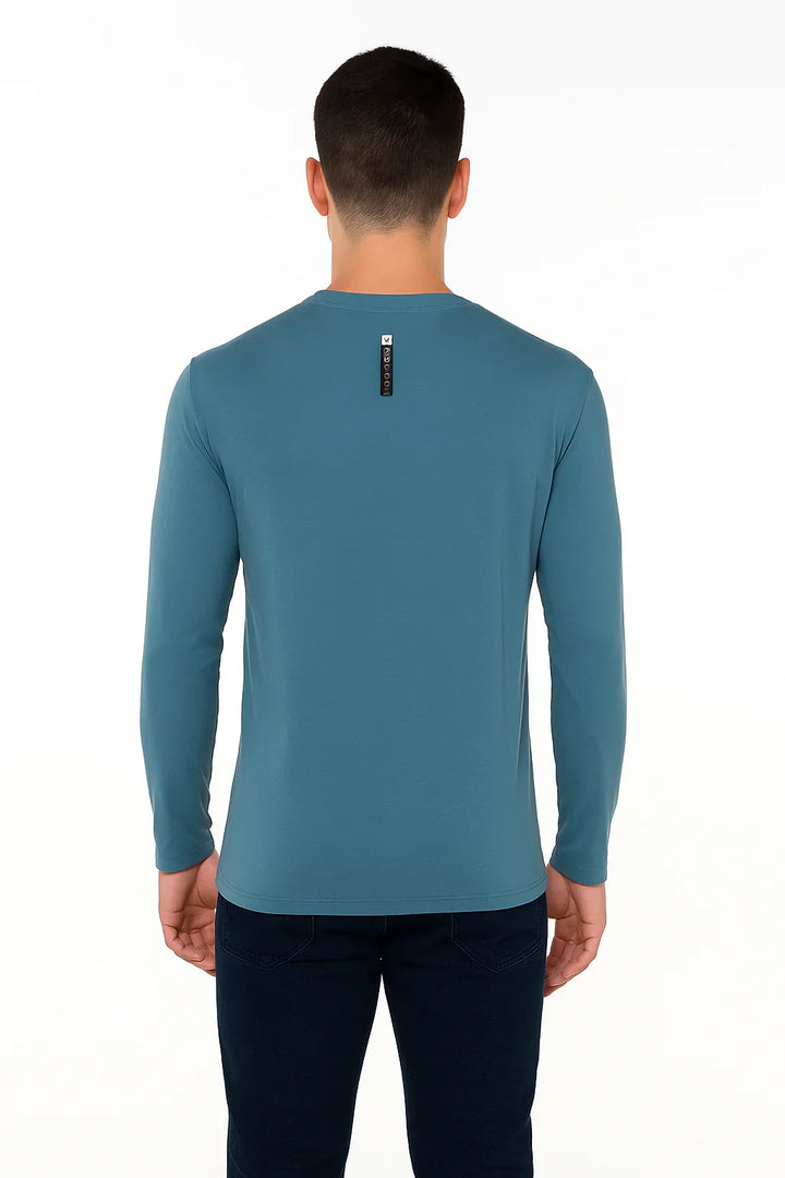 Camiseta Manga Longa Gola V Azul Petróleo Masculina