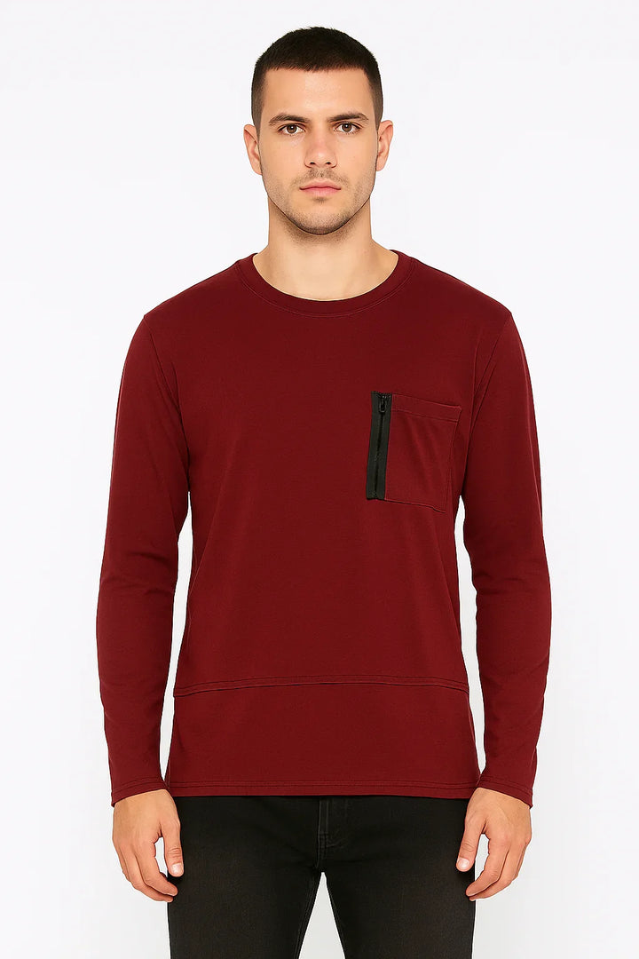 Camiseta Manga Longa Vinho com Bolso Zíper Masculina