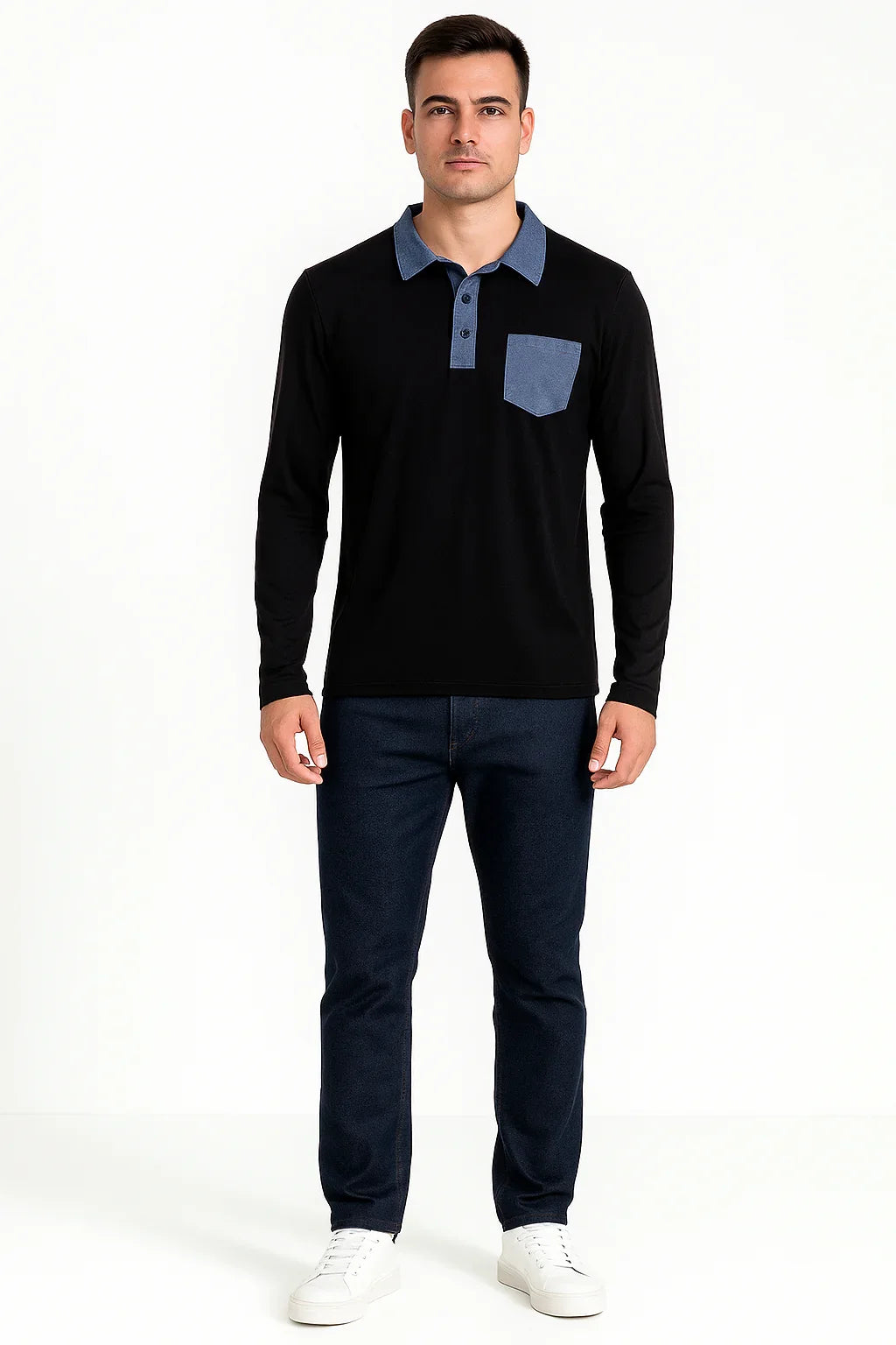 Polo Manga Longa Preta com Gola e Bolso Jeans Masculina