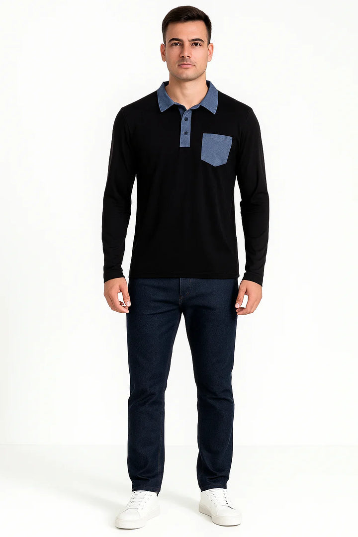 Polo Manga Longa Preta com Gola e Bolso Jeans Masculina