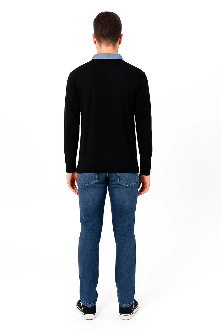 Polo Manga Longa Preta com Gola e Bolso Jeans Masculina