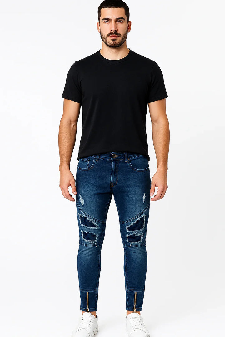Calça Jeans Skinny Destroyed Masculina Zíper Azul Escuro