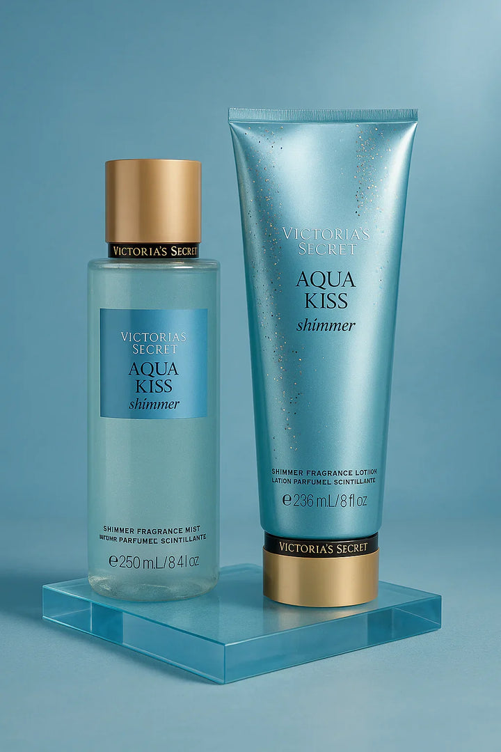 Kit Victoria’s Secret Aqua Kiss Shimmer Body Splash e Loção Feminino
