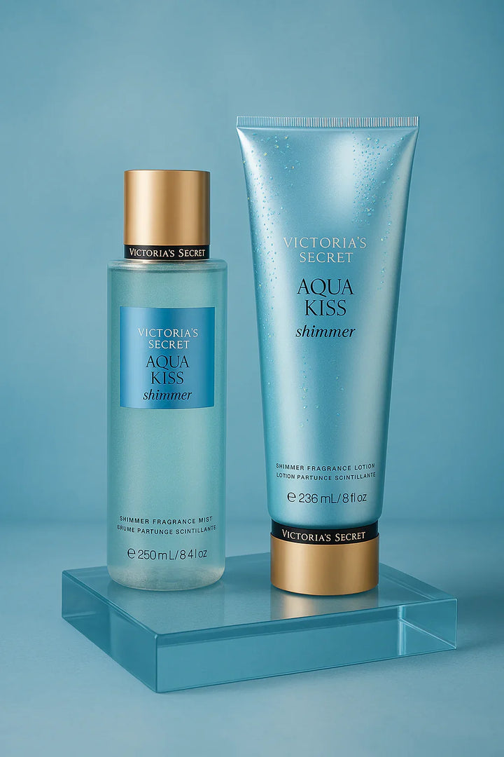 Kit Victoria’s Secret Aqua Kiss Shimmer Body Splash e Loção Feminino