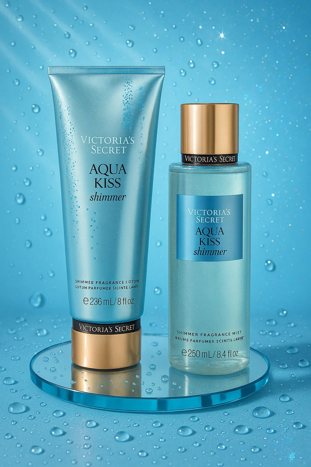 Kit Victoria’s Secret Aqua Kiss Shimmer Body Splash e Loção Feminino