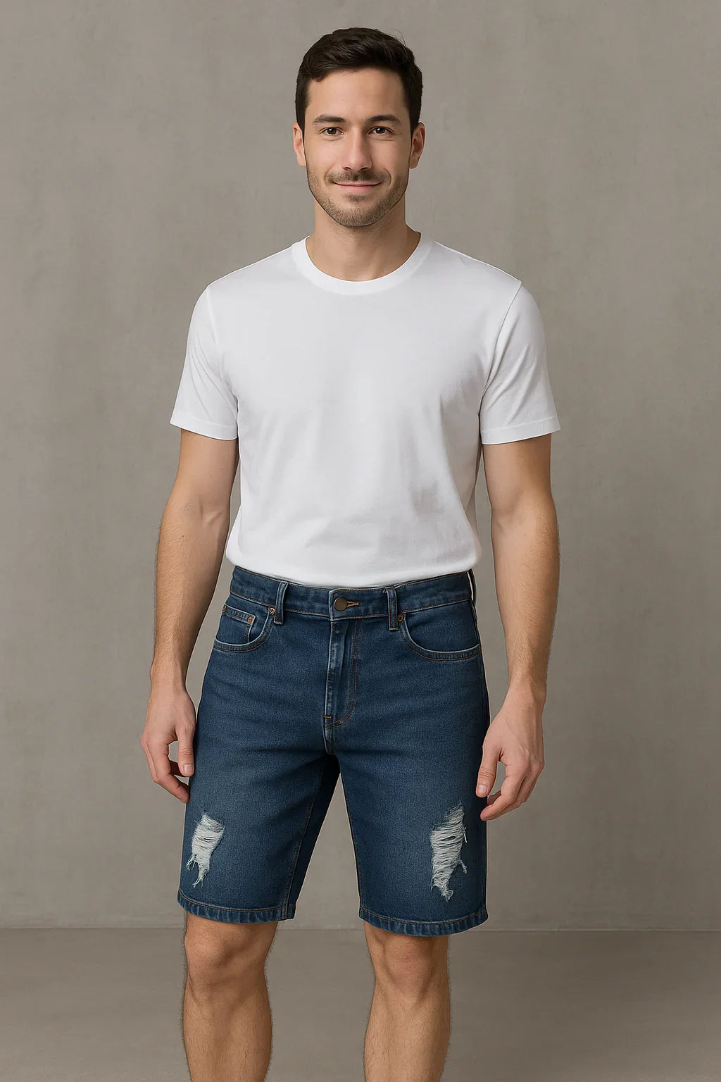 Bermuda Masculina Jeans Destroyed Azul Escuro