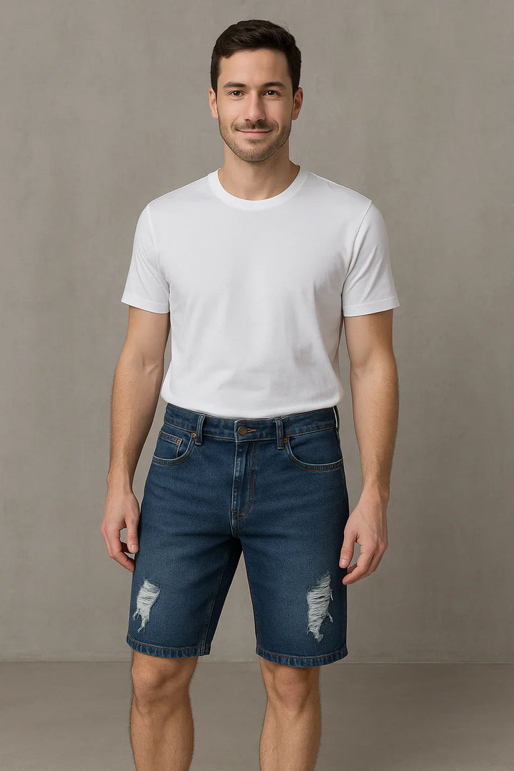 Bermuda Masculina Jeans Destroyed Azul Escuro