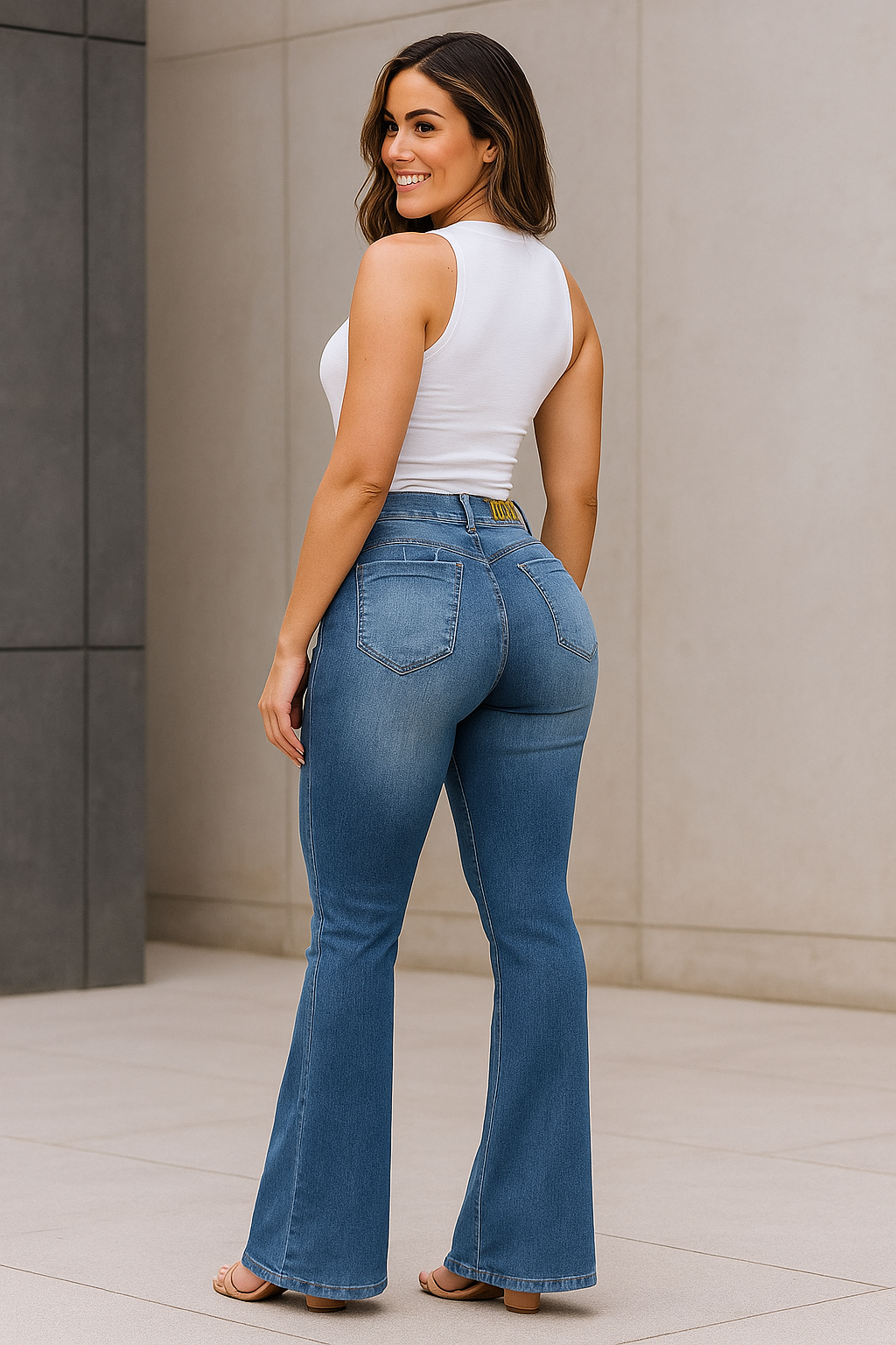 Calça Jeans Feminina Flare Azul Médio Destroyed leve
