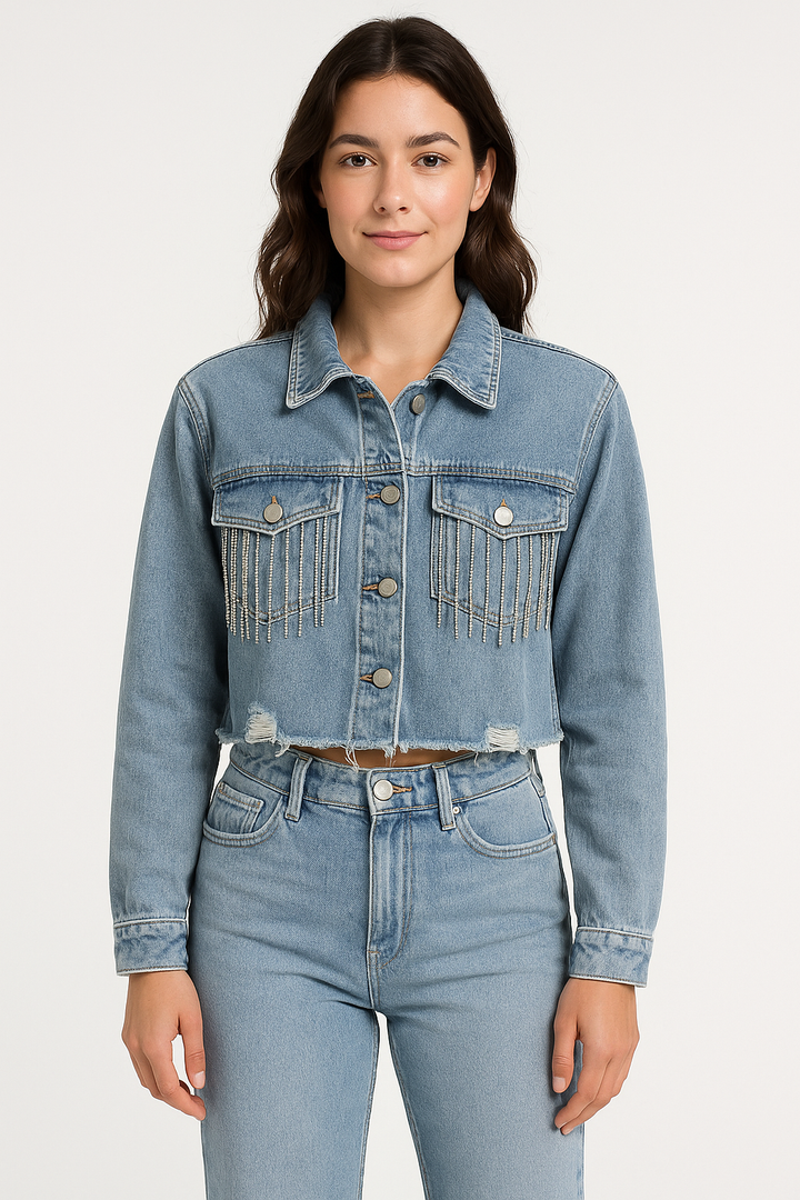 Jaqueta Jeans Cropped Feminina com Franjas de Strass