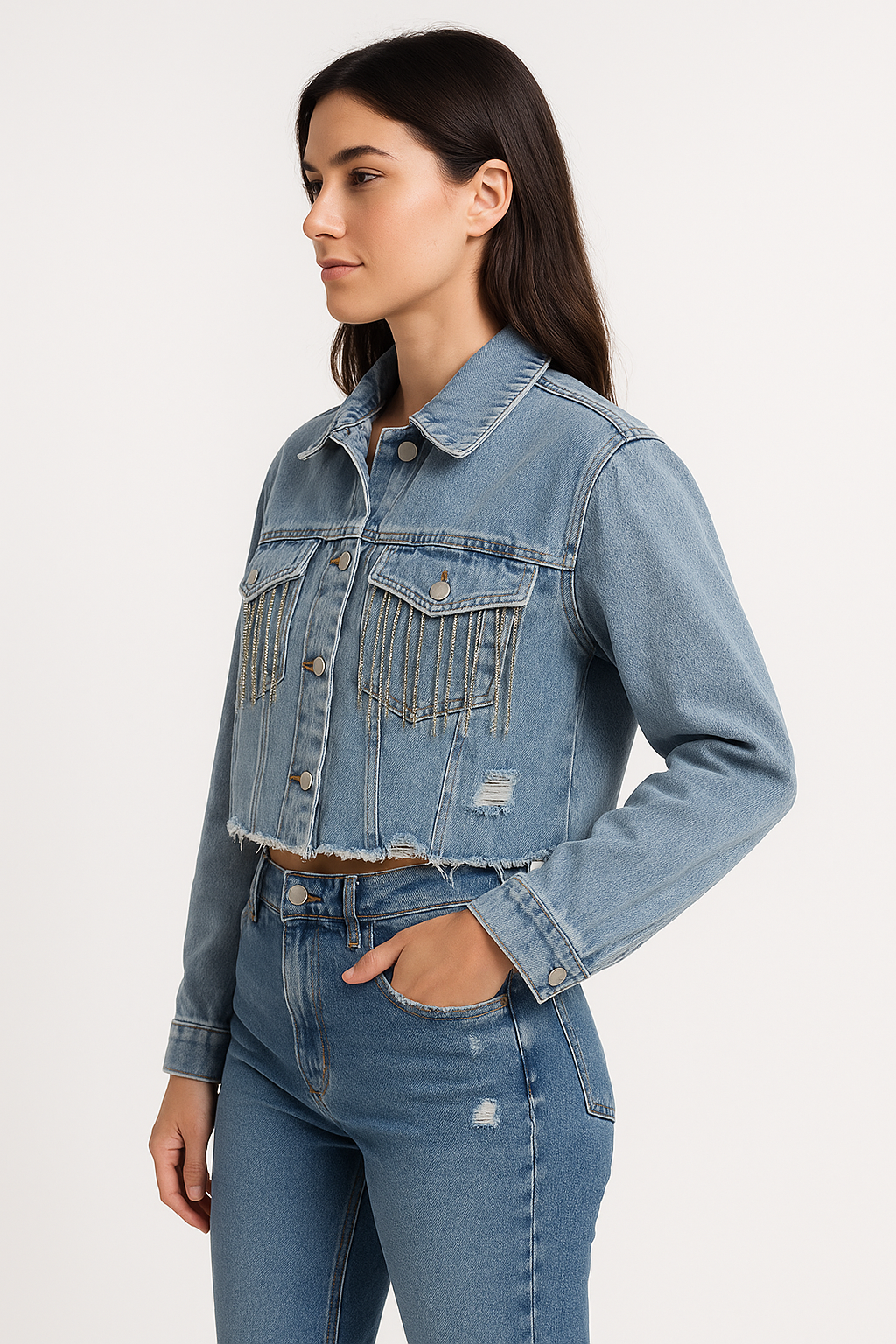 Jaqueta Jeans Cropped Feminina com Franjas de Strass