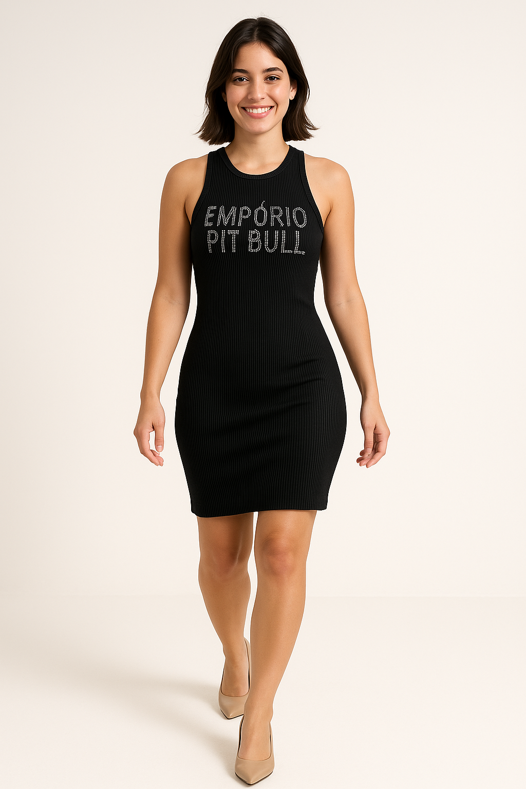 Vestido Justo Feminino Pit Bull em Malha Canelada com Logo