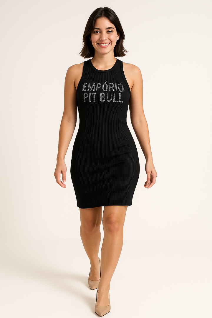 Vestido Justo Feminino Pit Bull em Malha Canelada com Logo