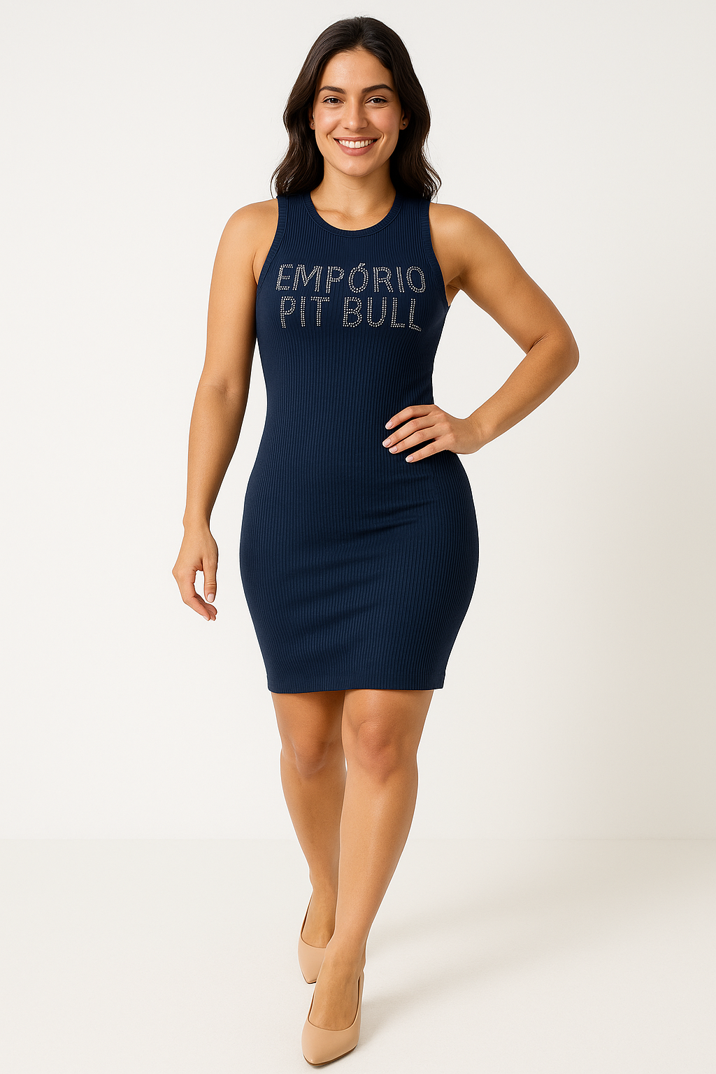 Vestido Justo Feminino Pit Bull em Malha Canelada com Logo
