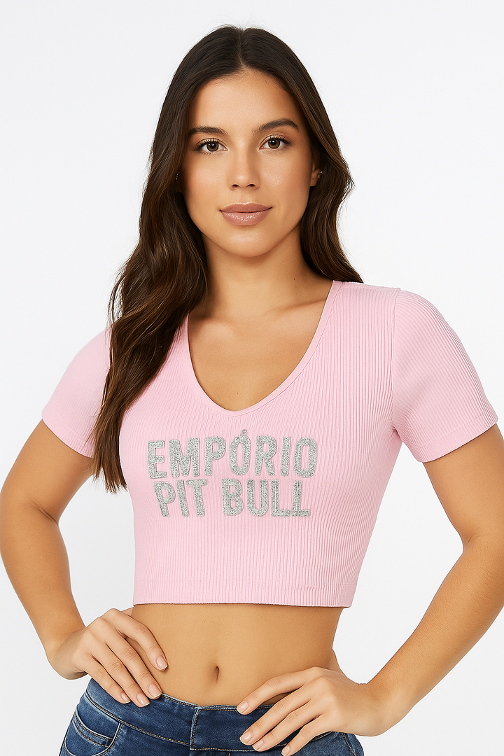 Cropped Feminino Empório Pit Bull com Logo em Strass