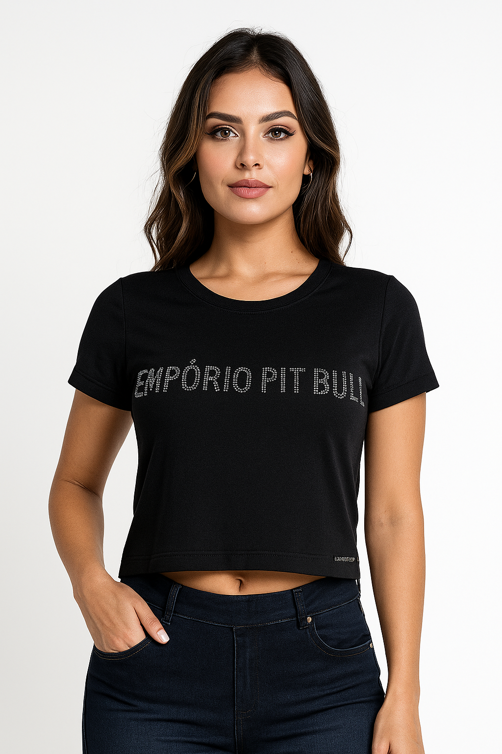 Camiseta Feminina Empório Pit Bull com Logo em Strass
