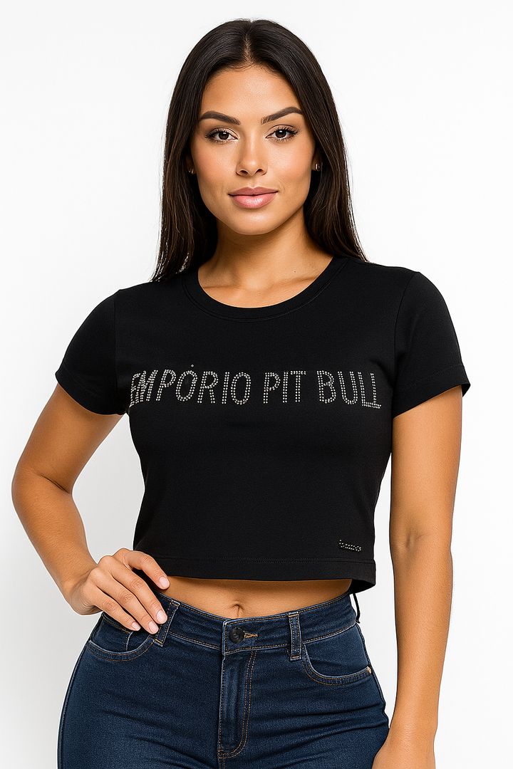 Camiseta Feminina Empório Pit Bull com Logo em Strass