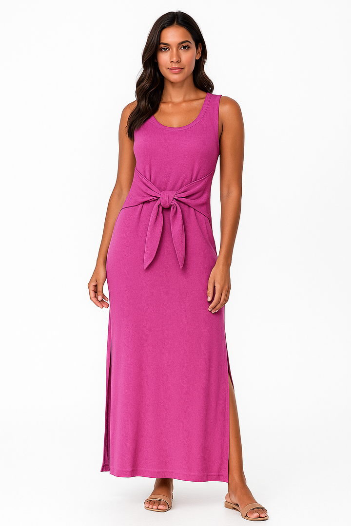 Vestido Longo Rosa com Nó Frontal e Fenda Lateral Feminino