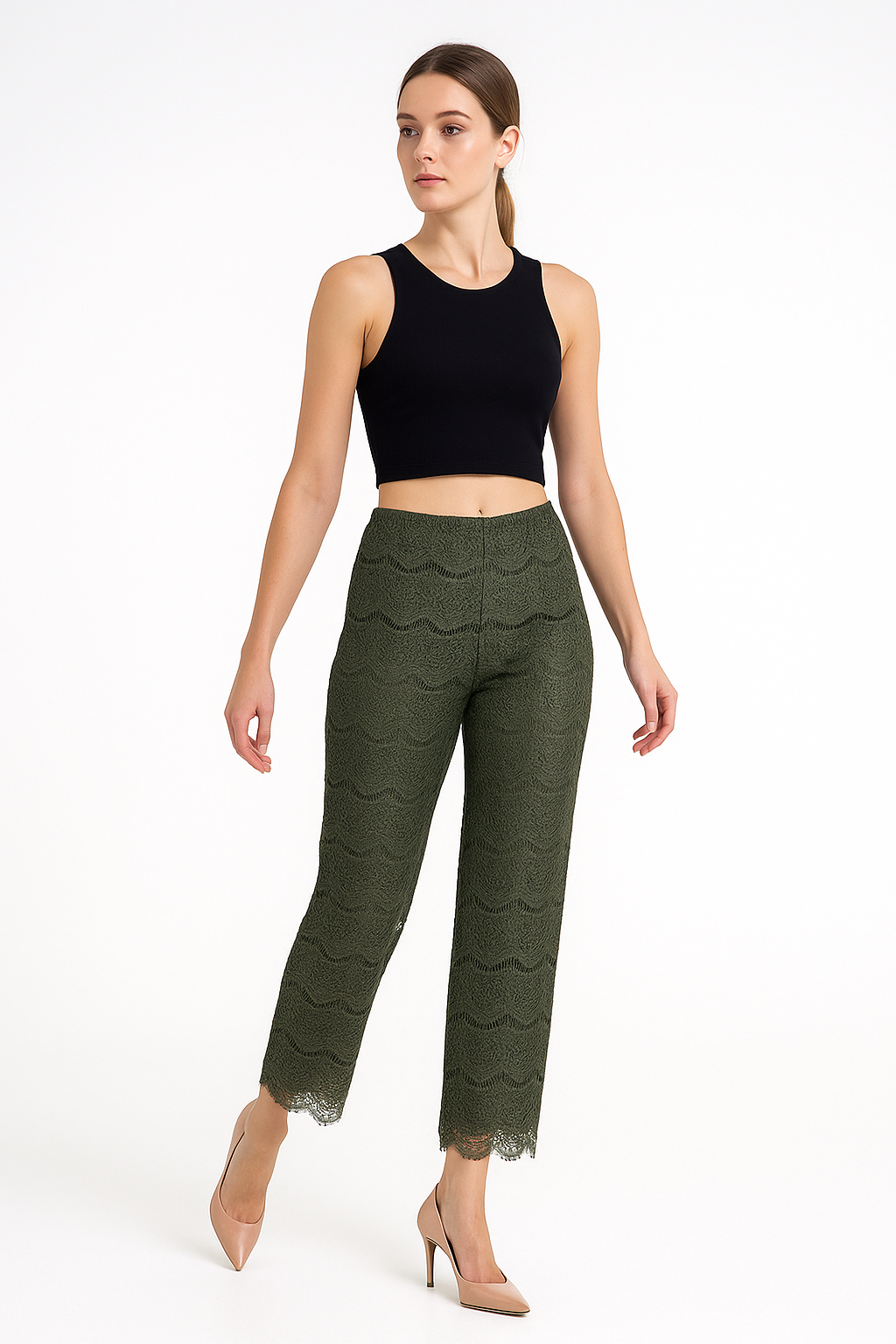 Calça Feminina Verde de Renda Reta com Barra Delicada