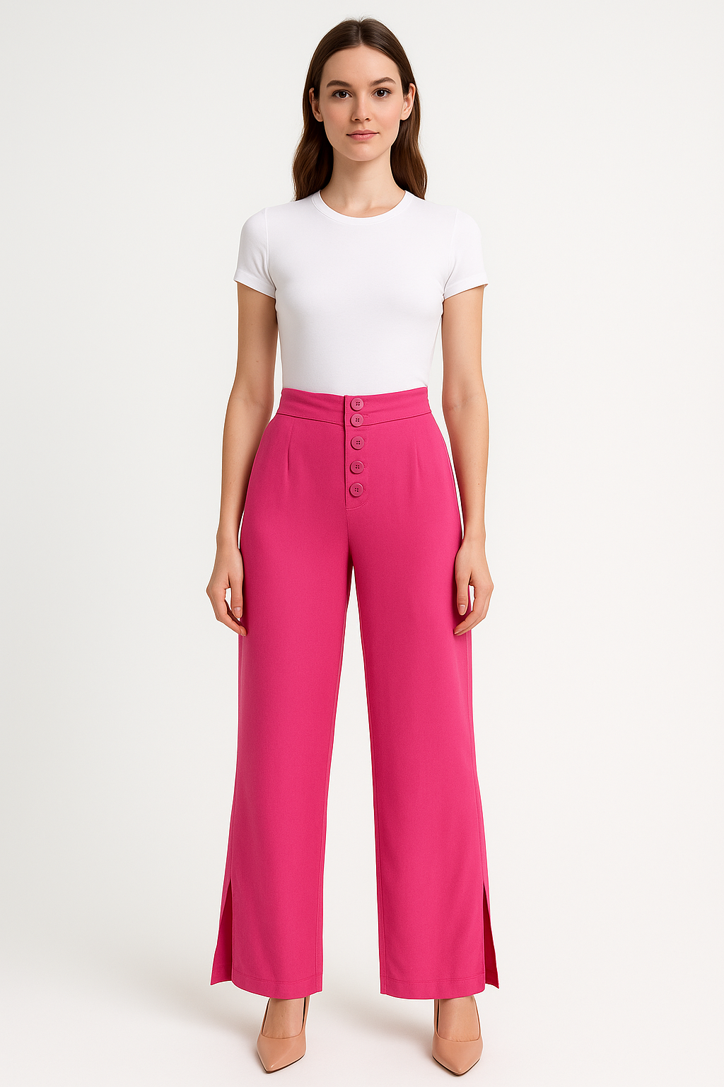 Calça Pantalona Feminina Rosa com Botões Frontais e Fenda Lateral