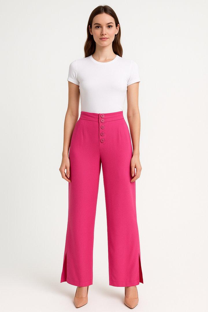 Calça Pantalona Feminina Rosa com Botões Frontais e Fenda Lateral