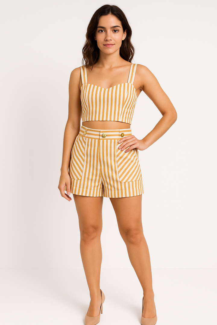 Conjunto KLEPTON Listrado Mostarda Cropped e Short