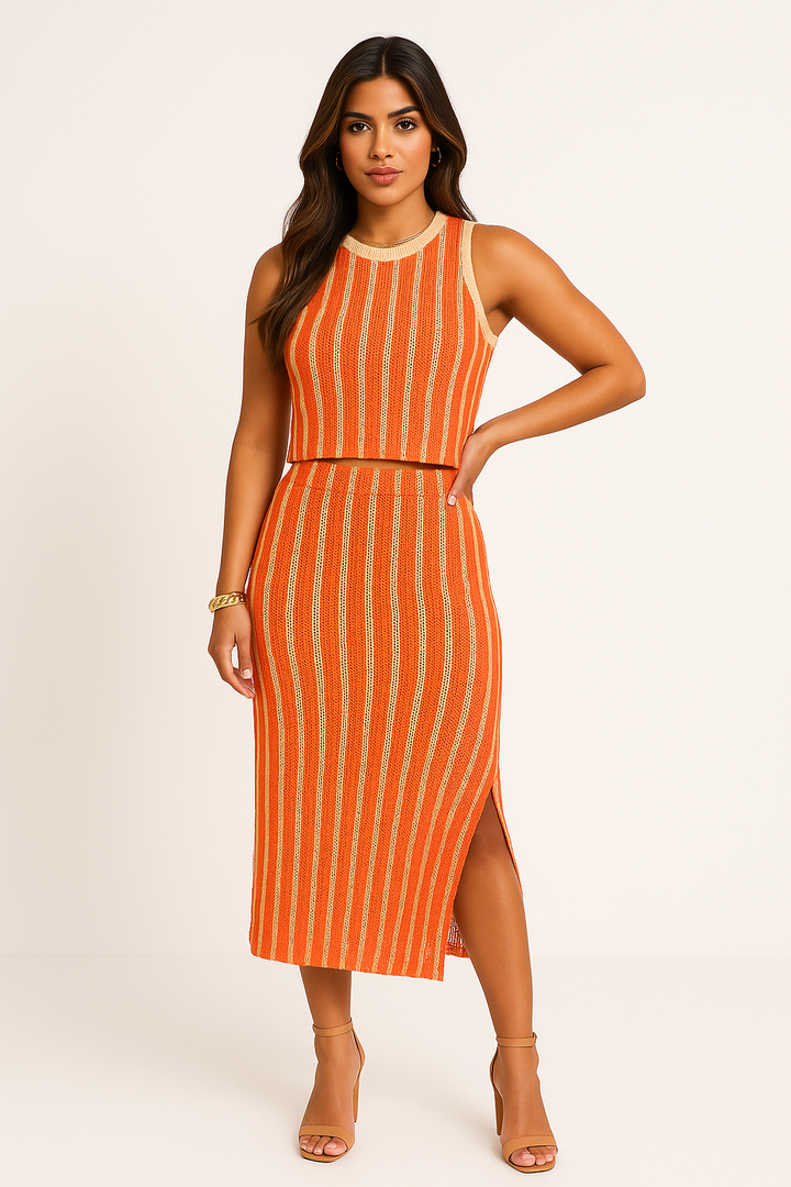 Conjunto Tricot Listrado Saia Midi e Cropped Leon