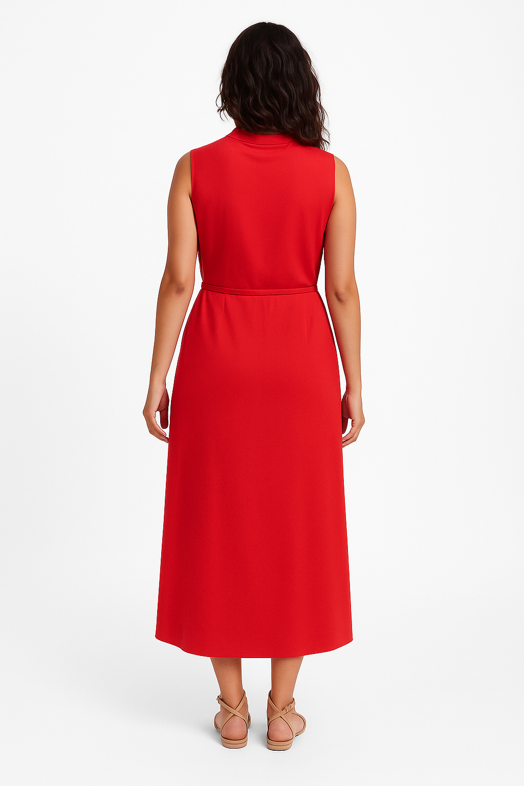Vestido Midi Vermelho Sem Mangas com Botões e Faixa na Cintura