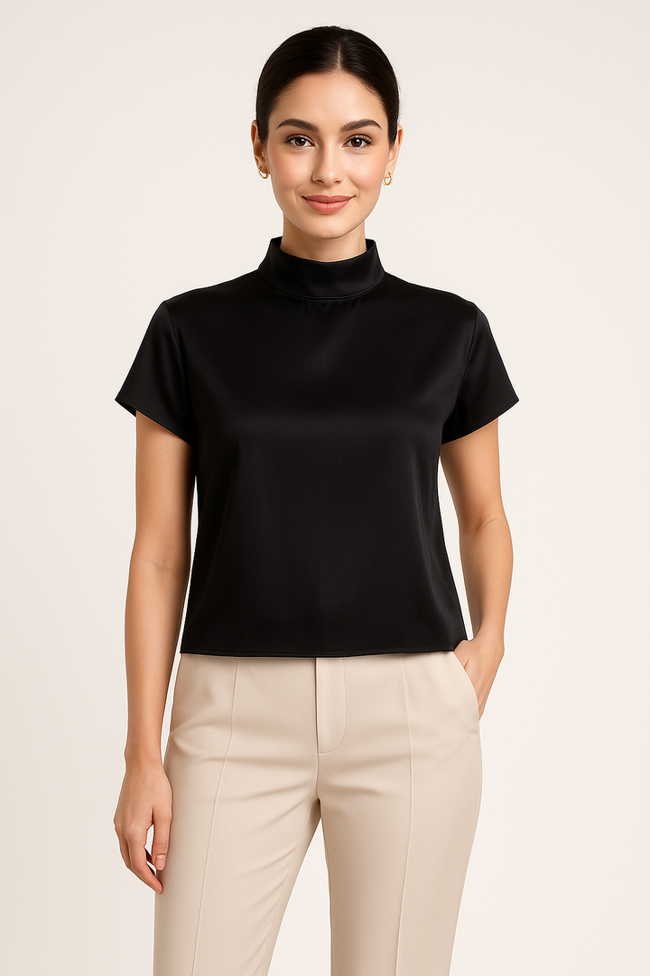 Blusa Feminina Preta Gola Alta Manga Curta