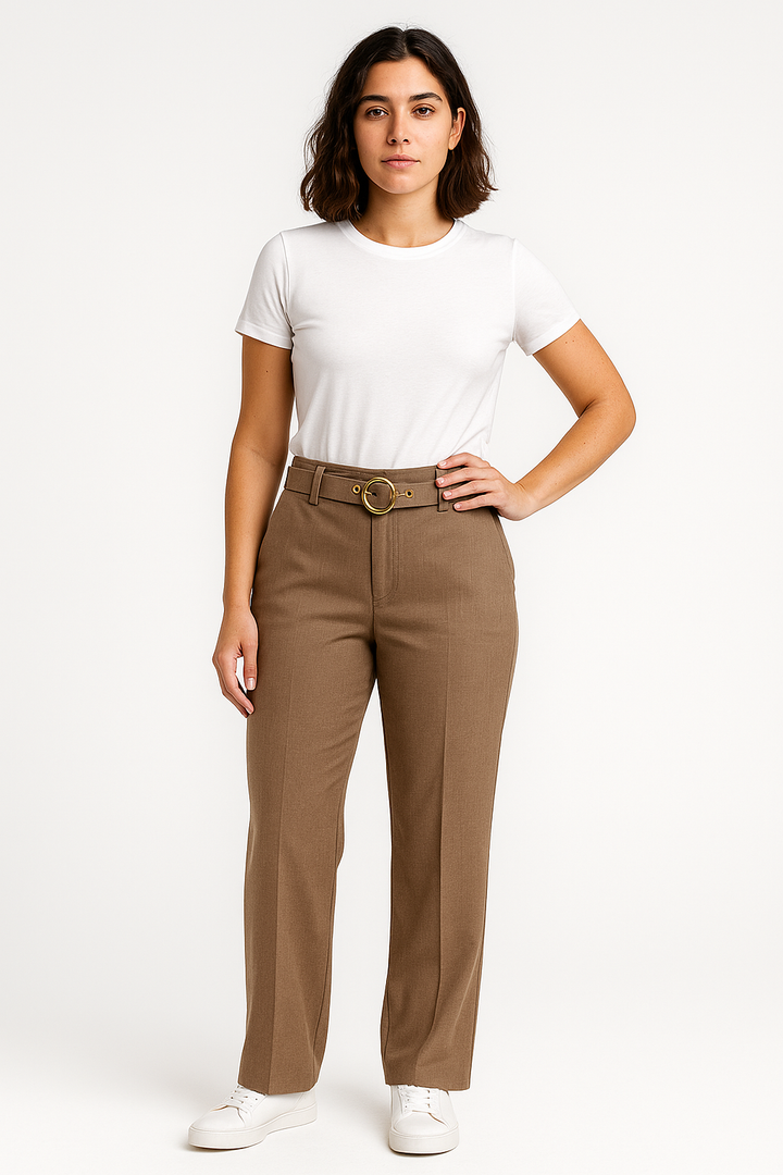 Calça Social Alfaiataria Marrom Klepton Feminina com Cinto