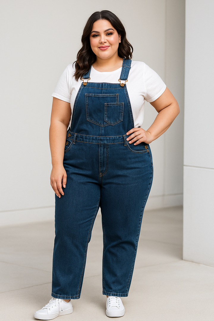Jardineira Jeans Azul FoFinha Plus Size Feminina