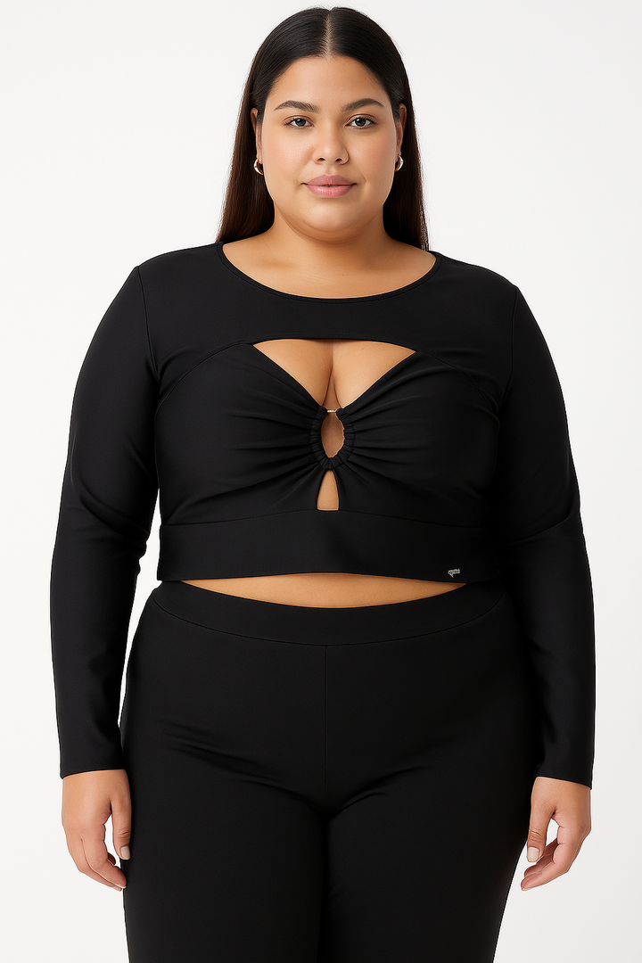 Cropped Manga Longa Recorte Frontal Plus Size Fofofinha