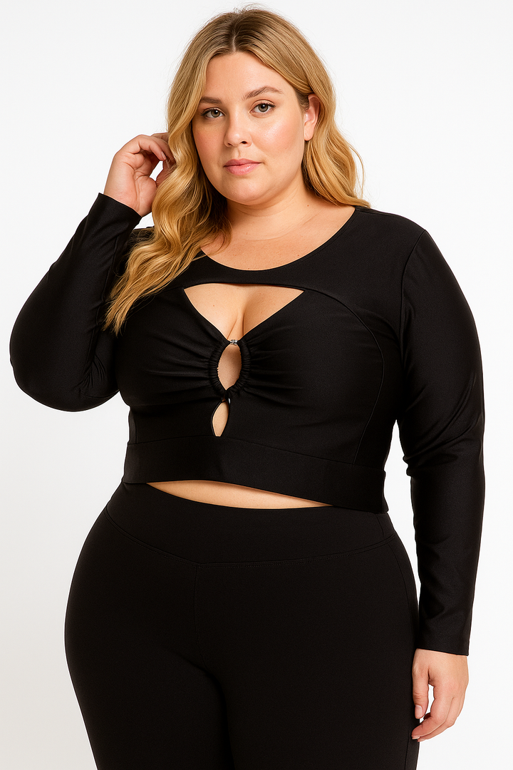 Cropped Manga Longa Recorte Frontal Plus Size Fofofinha
