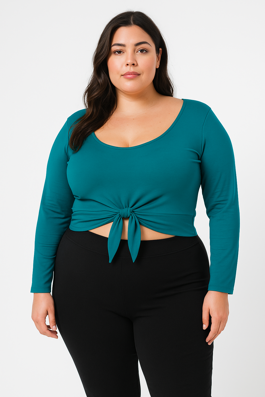 Cropped Manga Longa Amarração Frontal Plus Size Fofofinha