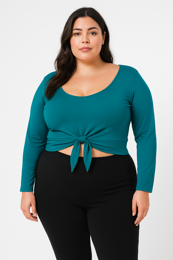 Cropped Manga Longa Amarração Frontal Plus Size Fofofinha