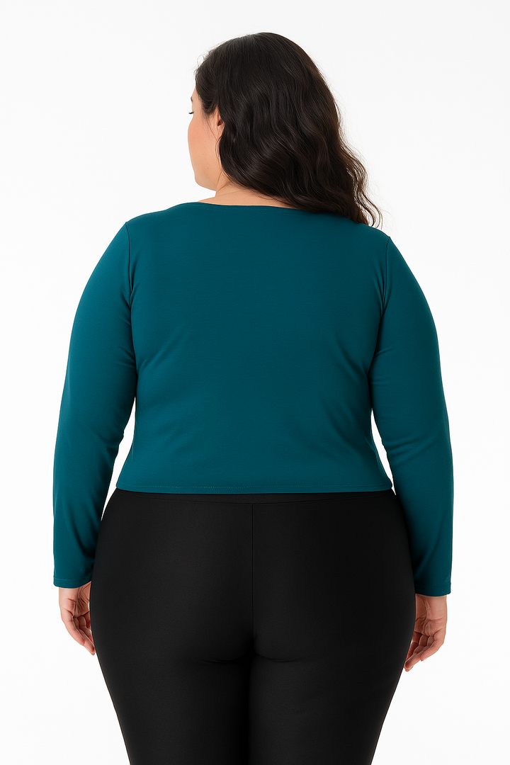 Cropped Manga Longa Amarração Frontal Plus Size Fofofinha