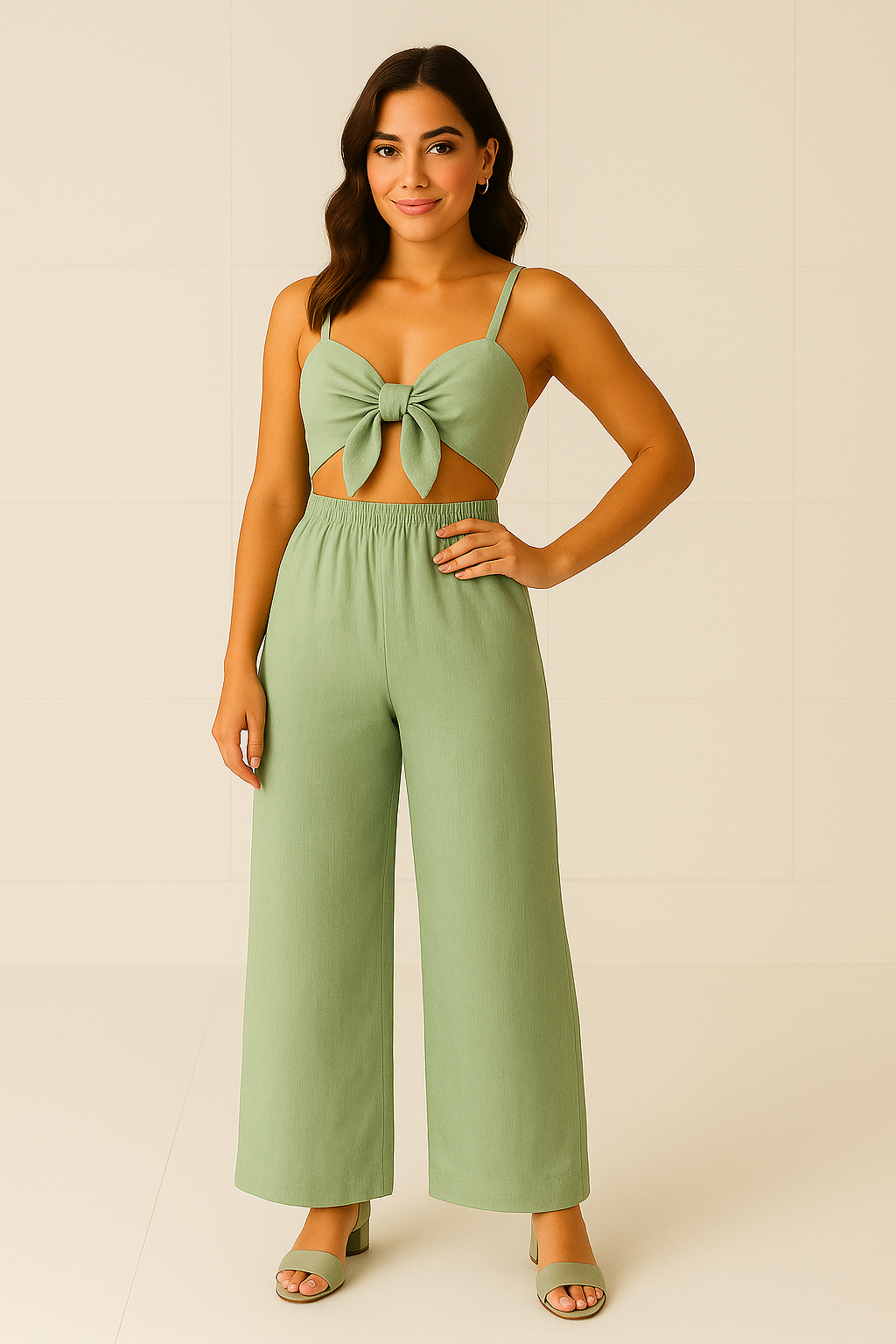 Conjunto Feminino  com Cropped Laço e Calça Pantalona