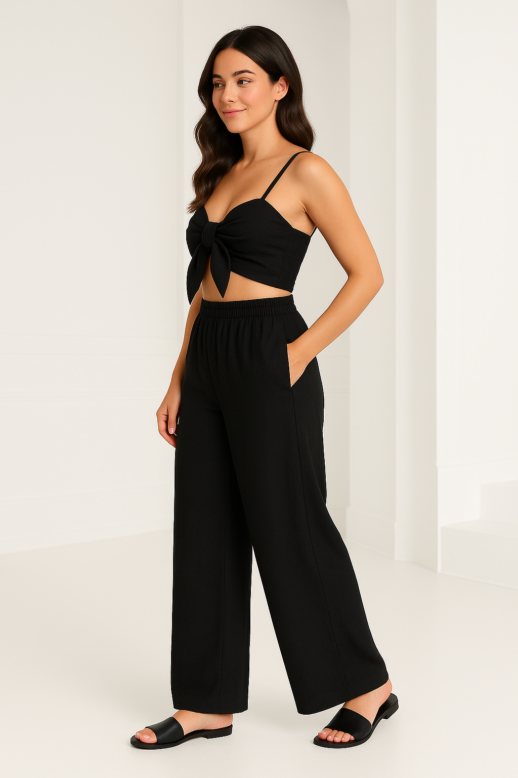 Conjunto Feminino  com Cropped Laço e Calça Pantalona