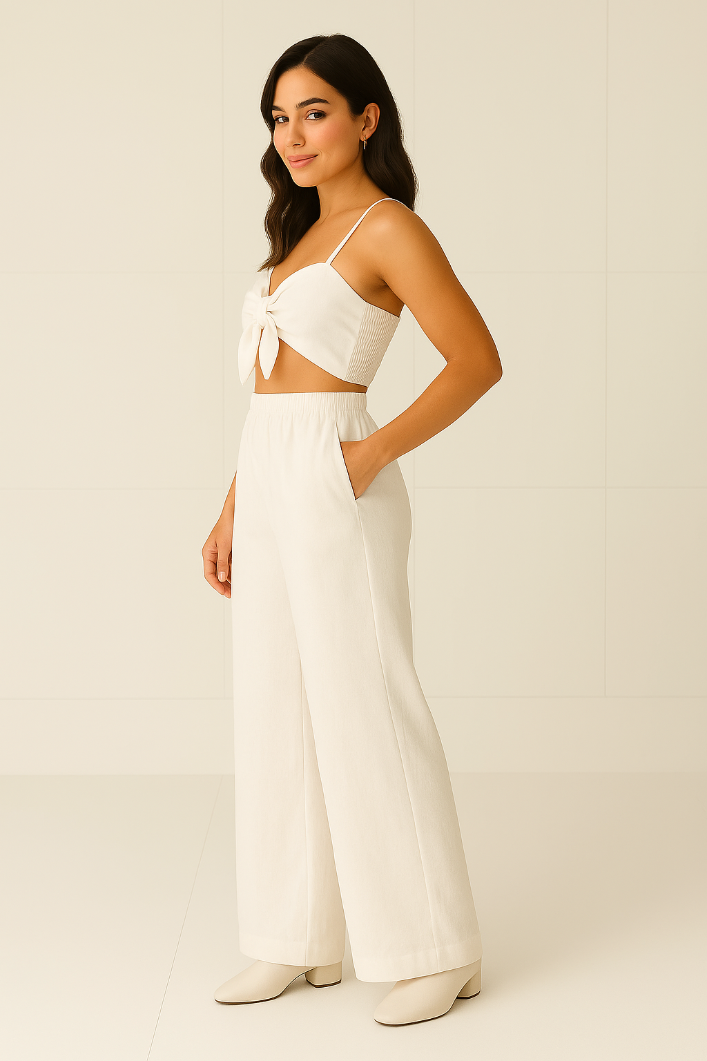 Conjunto Feminino  com Cropped Laço e Calça Pantalona