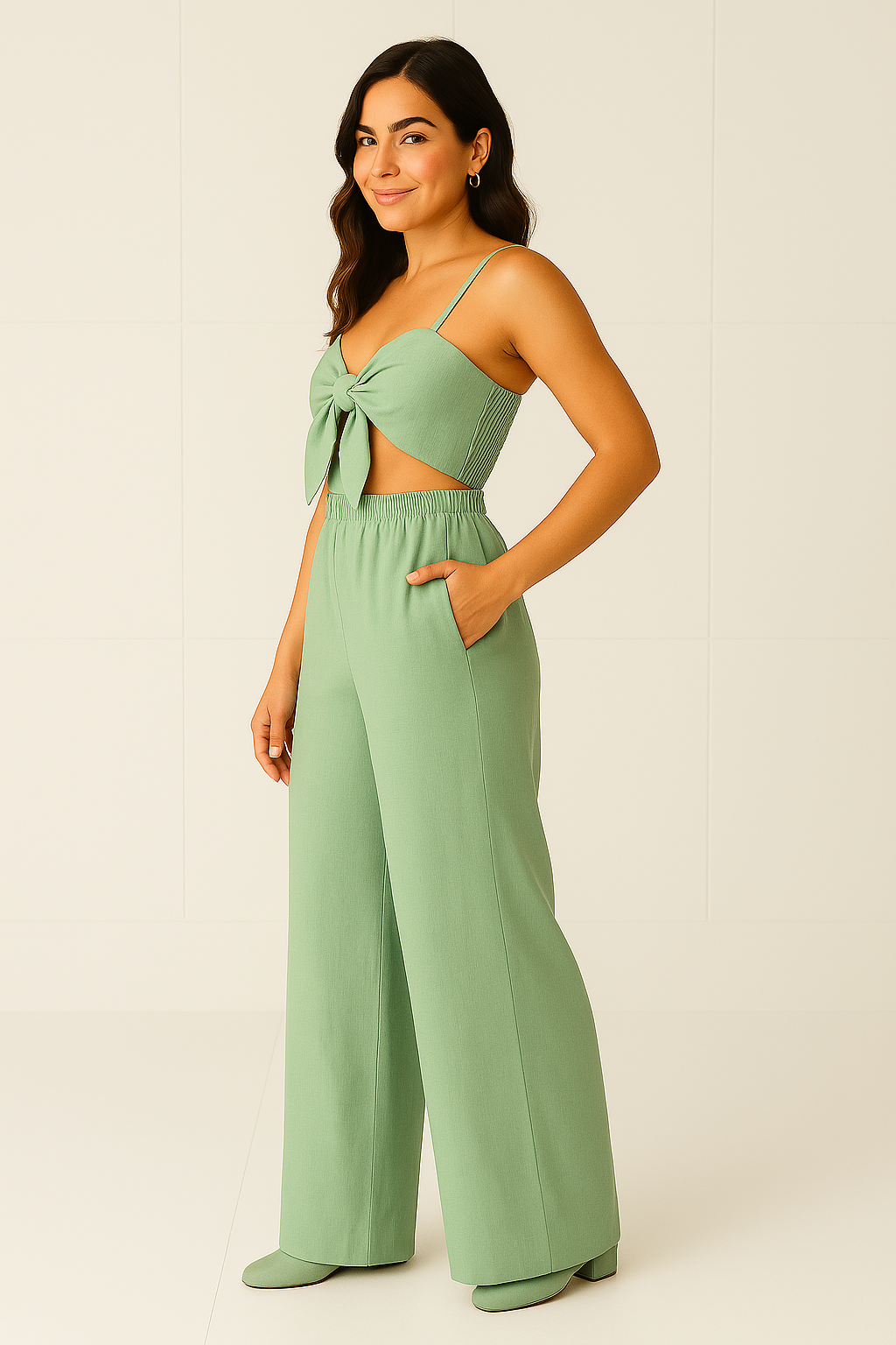 Conjunto Feminino  com Cropped Laço e Calça Pantalona